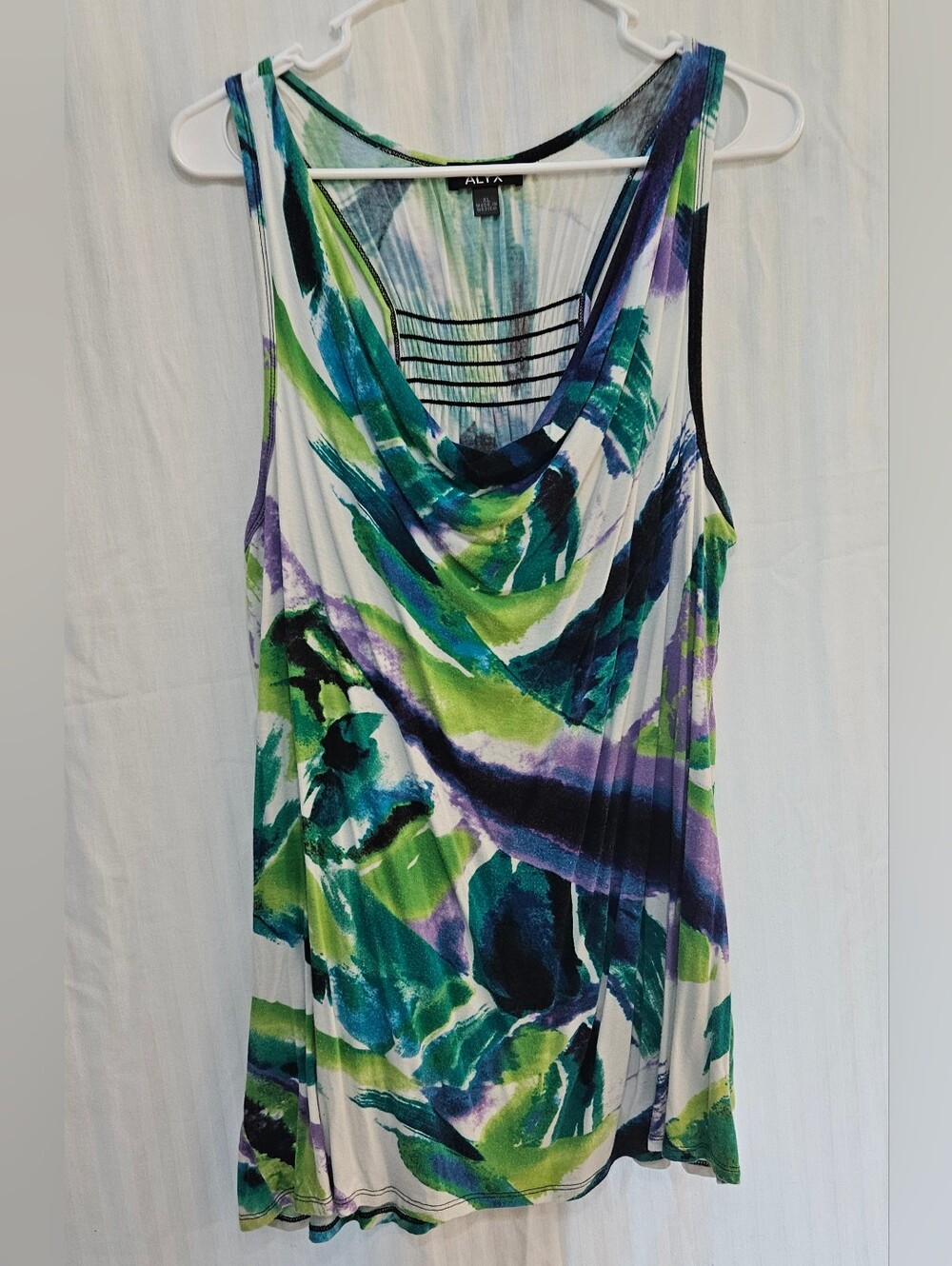 Alyx Tank Blouse - Green Purple Rayon Cowl Neck T-back - Size XL XLarge